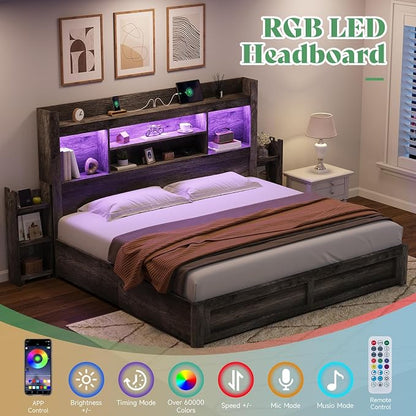AMERLIFE California King Size Bed Frame with 4 Storage Drawers, LED Bed Frame with 49.6" Tall Bookcase Headboard, Wood Platform Bed with Charging Station & 2 Slide Bedside Shelf, Rustic Grey