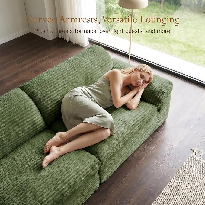 Vesgantti 118" Boneless Couches for Living Room, Cloud Sectional Couch & Deep Seat, 3 Seater Comfy Corduroy Modular Sofa, Modern Slouch Couch, No Assembly Required, Green
