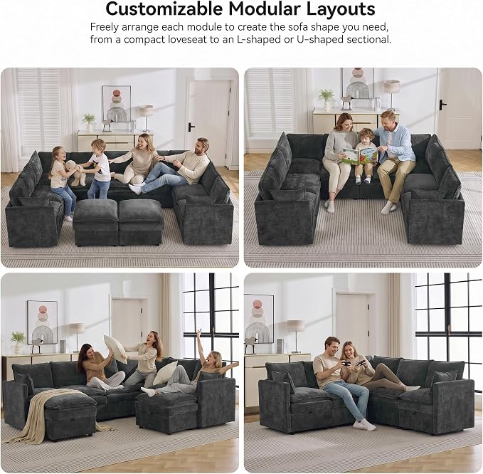 80" Dark Grey Modular Storage Sofa, V Shaped Chenille Cloud Couch | Oversized Convertible Sectional Sofa, 5-Seat Sectional Couch With Armrests, Large Cloud Couch For Living Room, Apartment.