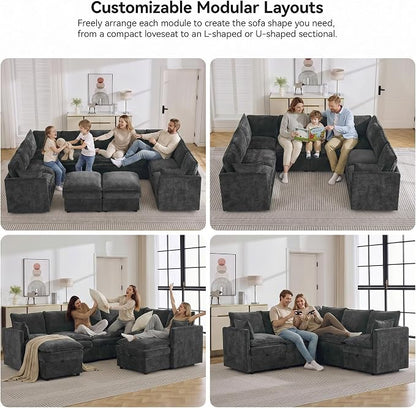 105" Dark Grey Modular Storage Sofa, U Shaped Chenille Couch with Ottoman | Oversized Convertible Sectional Sofa, 6-Seat Sectional Couch With 2 Ottomans, Large Cloud Couch For Living Room, Apartment.