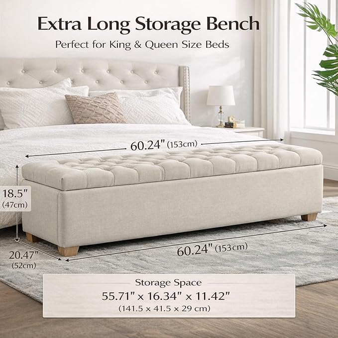 60.2" Storage Bench, End of Bed Storage Benches, Chenille Fabric Upholstered Ottoman Bench with Safety Hinge for Living Room Entryway Bedroom Hallway