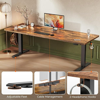 Huuger 78.7'' x 29.5'' Large Electric Standing Desk, Height Adjustable Computer Desk, 29.5" Deep Desktop, Stand up Gaming Office Desk with 2 Hooks, 3 Preset Heights, for Home Office, Rustic Brown