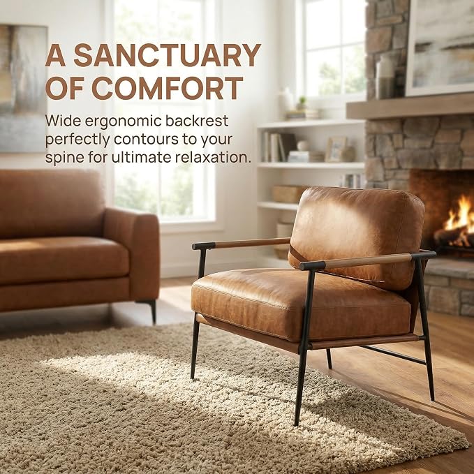 DUOMAY Mid-Century Modern Accent Chair Armchair Brown PU Leather Sofa Lounge Bedroom Chair with Metal Leg for Living Room Reading Office