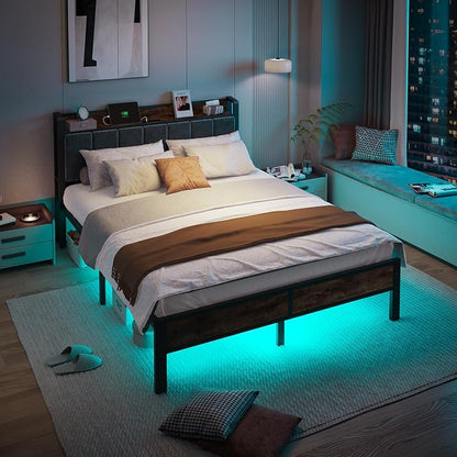 ALBERTO Queen Size Bed Frame with LED Lights, Upholstered Headboard with Storage and Charging Station, Metal Platform with Slats, No Box Spring Needed, Easy Assembly