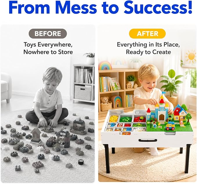 Taladad&kydspac 3 in 1 Table with Storage,Wooden Kids Activity Table Compatible with Lego and Building Block,Construction+Train+Chess Toddler Play Table,Wheels for Under Bed or Sofa Storage