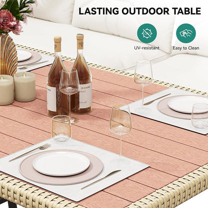 YITAHOME Patio Wicker L-Shaped Furniture Set, All-Weather Rattan Outdoor Conversation Sofa Set for Backyard Deck with Soft Cushions,Ottomans and Plastic Wood Dining Table (Light Brown+Beige)