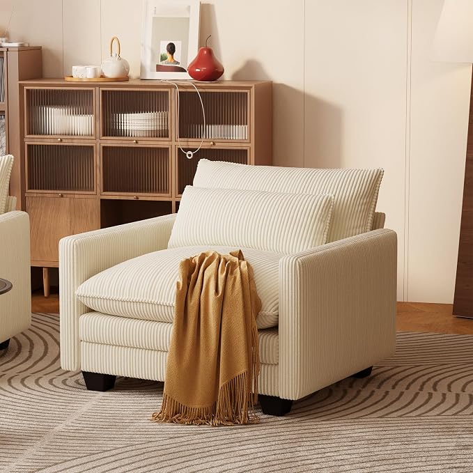 Gizoon Cloud Accent Chair with Washable Cover, Corduroy Single Sofa Chair with Comfy Deep Seat, Modern Armchair with Pillow for Living Room Bedroom, Beige