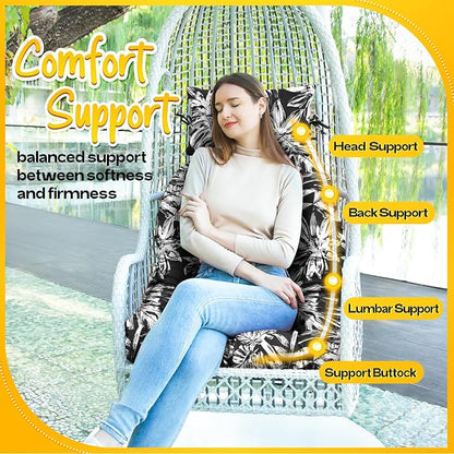 MAGIC ELEPHANT Egg Chair Cushion, Memory Foam Hanging Egg Chair Cushion Replacement, Indoor Outdoor Hammock Basket Swing Cushion with Headrest (Black Monstera)