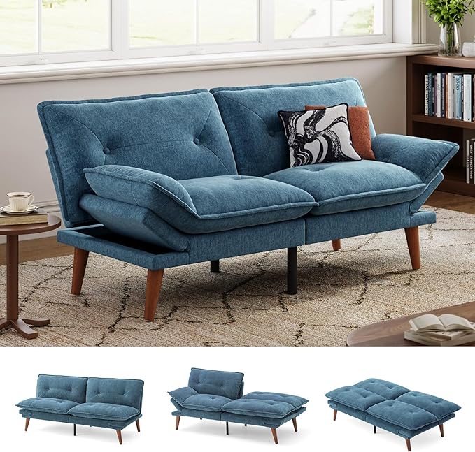 LINSY HOME Futon Sofa Bed, 70" Chenille Futon Couch with Adjustable Backrest Armrest, 3 in 1 Convertible Comfy Loveseat Sleeper Sofa Bed for Small Spaces Dorm Room Apartment Home Office（Blue）
