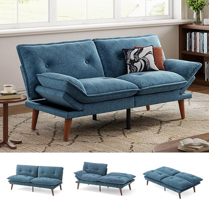LINSY HOME Futon Sofa Bed, 70" Chenille Futon Couch with Adjustable Backrest Armrest, 3 in 1 Convertible Comfy Loveseat Sleeper Sofa Bed for Small Spaces Dorm Room Apartment Home Office（Blue）