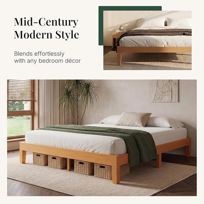 Sweetcrispy King Size Bed Frame 12 inch Heavy Duty Platform Bedframe, 1000 lbs Capacity, Underbed Storage, No Box Spring Needed, Wooden Slats, Easy Assembly with Velcro, Honey Finish
