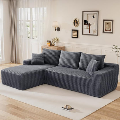 108" L Shaped Cloud Boneless Sectional Couches for Living Room, Modern Comfy Modular Deep Seat Memory Foam Compressed Corduroy Sofa Oversized Left Facing Chaise, No Assembly Required, Grey