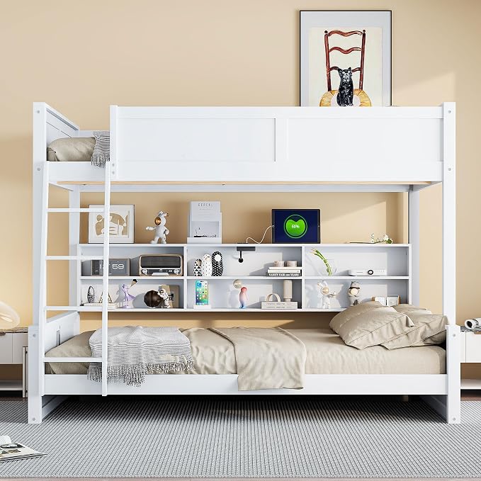 RUNNA Full XL Over Queen Bunk Bed with Storage Cabinets,USB,Antique White | Full XL on top for teens, queen below for adults. Solid pine frame, full guardrails & built-in charging—every bed, every age.
