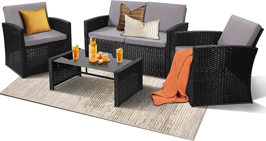 KROFEM 4-Piece Patio Furniture Set, Wicker Outdoor Rattan Sectional Sofa with Cushions and Glass Table, All-Weather Outdoor Conversation Set for Garden, Porch, Backyard, Patio, Black and Grey