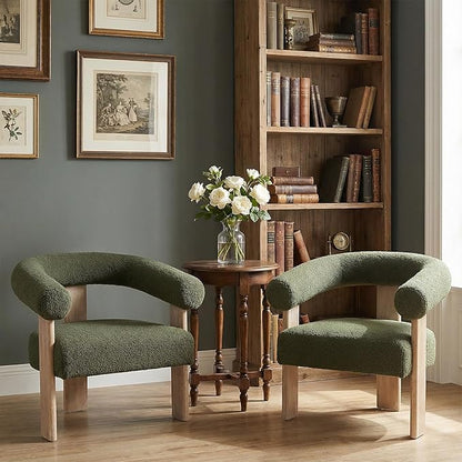 VKNOW Accent Chair Living Room Chair, Modern Upholstered Arm Chair with Solid Wood Legs, Comfy Barrel Accent Chair for Living Room, Bedroom, Green