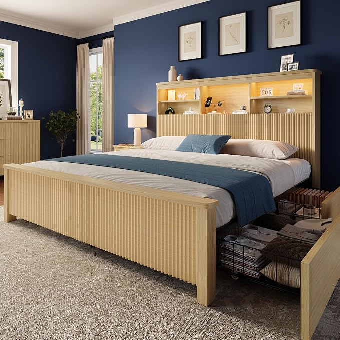 King Size Bed Frame and Tall Headboard & Storage, Metal Platform Bed Frame with 4 Storage Drawers, King Bed Frame with LED Lights & Charging Ports, No Box Spring Needed, Noise-Free, Natural