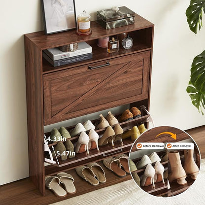 RWYHG Shoe Cabinet Storage for Entryway with 2 Flip Drawers Open Storage Layer Rack Narrow Organizer Slim Hidden Wood Shoe Cabinet Furniture Walnut