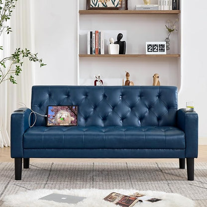 TYBOATLE 62" W Leather Loveseat w/ 2 USB and 2 Cupholders, Mid-Century Modern Tufted Small Love Seat Couches for Office, Living Room, Bedroom, Dorm (1, Blue)