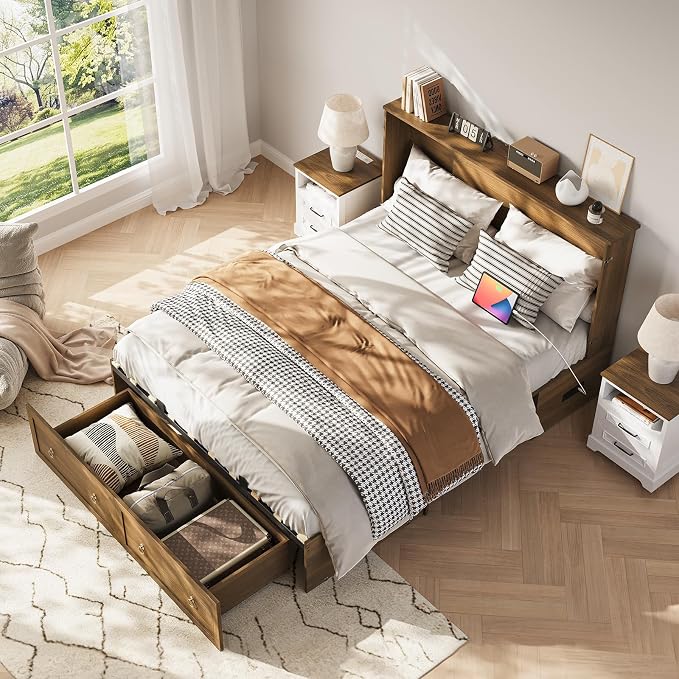 Yoobure Queen Murphy Bed with Charging Station - Rattan Queen Bed Frame with Storage Drawers, Wood Cabinet Beds for Guest Bedroom, Living Room, Office, Farmhouse Hideaway Beds with Foldable Platform