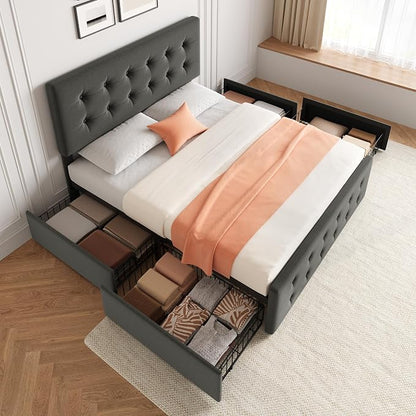 IDEALHOUSE Full Size Bed Frame with 4 Storage Drawers and Headboard, Linen Upholstered Platform Bed Frame with Wooden Slats Support, Button Tufted Design, No Box Spring Needed, Light Grey