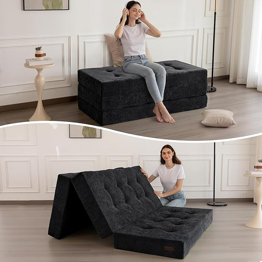 MAXYOYO 6" Folding Sofa Bed for Floor, Tufted Tri-Fold Floor Mattress with Chenille Fabric, Queen Size Portable Sofa Couch Guest Mat for Adults, Foldable Topper for Camping, Black, 59"x78.7"