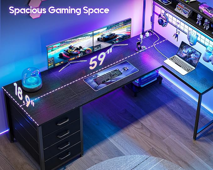 AODK L Shaped Gaming Desk with 4 Drawers, 59" Reversible Computer Desk with Hutch and Shelves, Gamer Desk with LED Lights, Power Outlets, Home Office Corner Desk with Gird Pegboard, Black