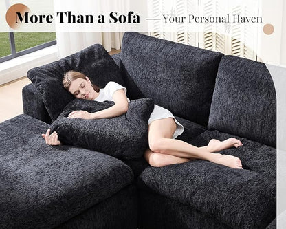 Jocisland 153" Cloud Couch Sectional, No-Assembly Modular Sectional Sofa with 76.4 inch Deep Chaise, Oversize Cloud Couch for Living Room, Black Chenille