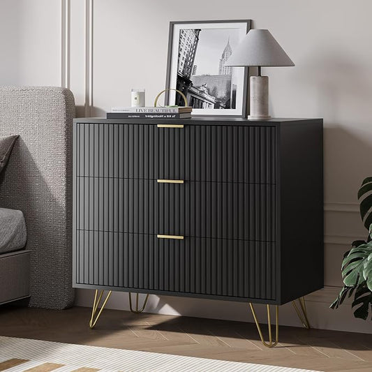 MAISONARIA Black 3 Drawer Dresser for Bedroom, Modern Closet Dressers Chest of Drawers, Fluted Dresser Chest Cabinet with Gold Metal Handles, Nightstand for Bedroom, Living Room, Hallway, Entryway