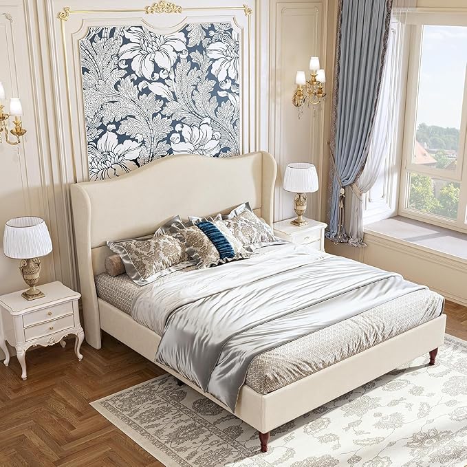 koorlian Queen Size Bed Frame Upholstered Platform Bed with 51" Tall Headboard Wingback, Soft Fabric, Retro Simple Style Platform Bed No Box Spring Needed, Easy Assembly, Beige
