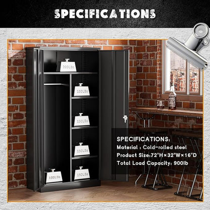 Greenvelly Metal Storage Wardrobe with 2 Doors, Black 72” Steel Storage Wardrobe Cabinet, Employees Locker Closet Clothing Coat Steel Wardrobe Cabinet with Hanging Rod for Garage, Gym, Home Office