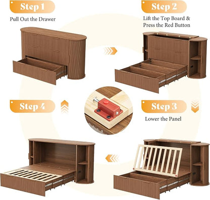 AMERLIFE Queen Murphy Bed with Storage Bedside Shelves & Sliding Tambour Door, Modern Cabinet Bed with Charging Station & Curved Fluted Design for Bedroom/Guest/Home Office, Brown