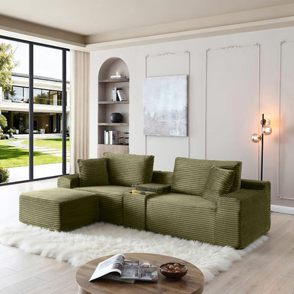 ivoros 111 Inch Modular Sectional Sofa Couch, Oversized Modern Cloud Couch for Living Room, L Shape Couches with Ottomans, USB Ports and Cup Holders, Green Corduroy Boneless Sofas, Sofa in a Box