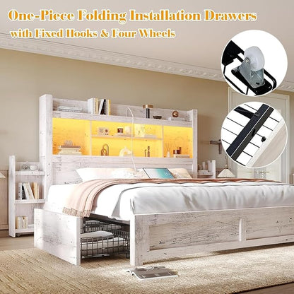 LUXOAK California King Bed Frame with 49.6" Bookcase Headboard & 2 Bedside Stoage Racks & 4 Drawers, Farmhouse Wood Bed Frame with RGB LED & Charging Station, No Box Spring Needed, Distressed White
