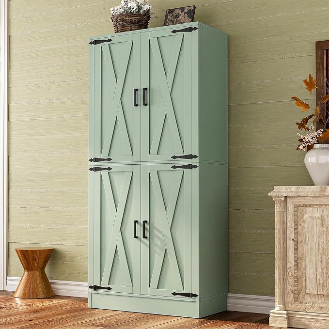 Unikito 71" Tall Kitchen Pantry Storage Cabinet with Farmhouse Barn Doors and Storage Drawer, 4 Adjustable Shelves, Freestanding Cupboard for Dining Room, Living Room, Utility Room, Green