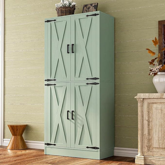 Unikito 71" Tall Kitchen Pantry Storage Cabinet with Farmhouse Barn Doors and Storage Drawer, 4 Adjustable Shelves, Freestanding Cupboard for Dining Room, Living Room, Utility Room, Green
