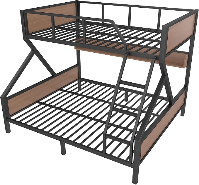 Bellemave Bunk Bed Queen Over King with LED, Heavy Duty Metal Bunk BedFrame with Storage Shelves and Lights, Woodgrain+Black