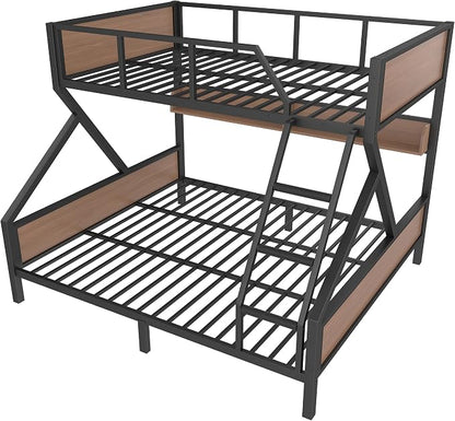 Bellemave Bunk Bed Queen Over King with LED, Heavy Duty Metal Bunk BedFrame with Storage Shelves and Lights, Woodgrain+Black