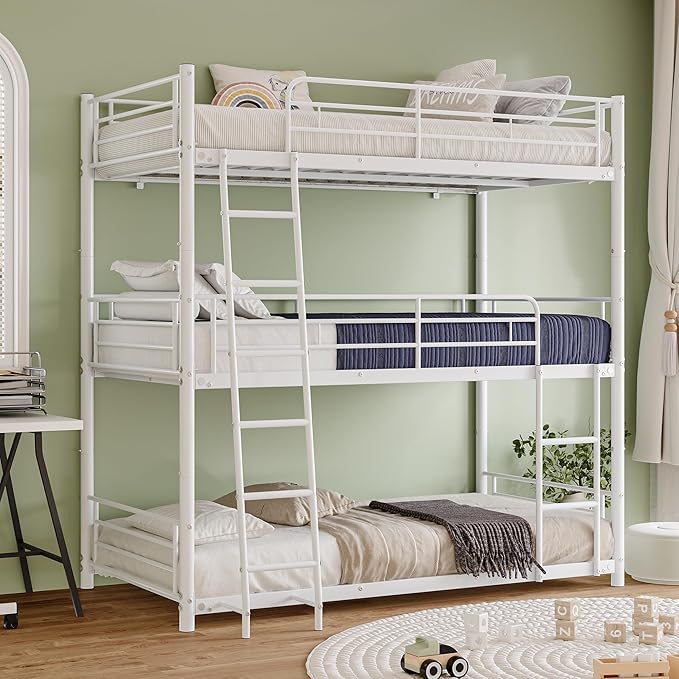 Metal Triple Bunk Bed,Twin Over Twin Bunk Bed for 3, Separates Into 3 Beds with Guardrail and Ladder, Heavy Duty Triple Bed Frame Suitable for Teenager/Adults, No Box Spring Needed(C-White)