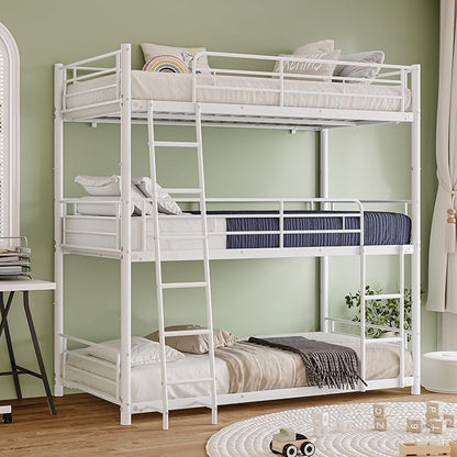 Metal Triple Bunk Bed,Twin Over Twin Bunk Bed for 3, Separates Into 3 Beds with Guardrail and Ladder, Heavy Duty Triple Bed Frame Suitable for Teenager/Adults, No Box Spring Needed(C-White)