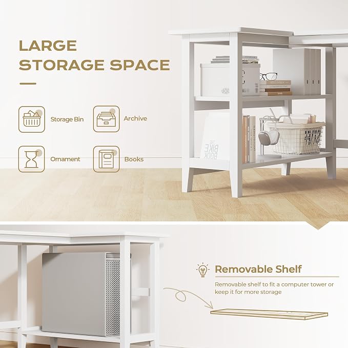 IOTXY Reversible L-Shaped Office Desk - 45" Compact Corner Computer Table with Storage Shelves, Solid Wood Legs, Writing & Study Workstation for Small Spaces, White