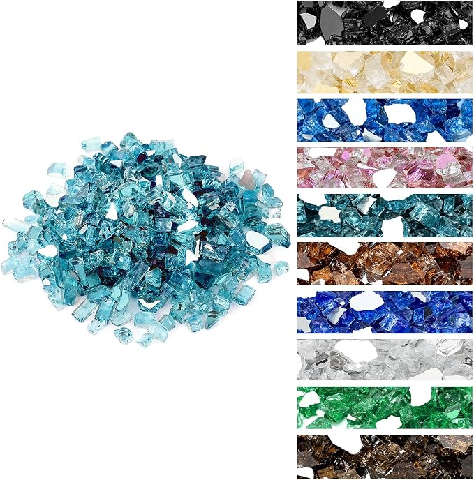 Onlyfire 10 lbs Fire Glass Rocks 1/2 Inch, Reflective Tempered Glass for Propane Fire Pit & Gas Fireplace, High Luster Firepit Glass Stones for Fire Table, Aqua Blue (Multicolor Options Available)