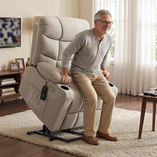 MCombo Power Lift Recliner Chair for Elderly, Electric Lift Chair with Extended Footrest, USB Ports, Cup Holders, Fabric 7287 (Oatmeal, Medium)