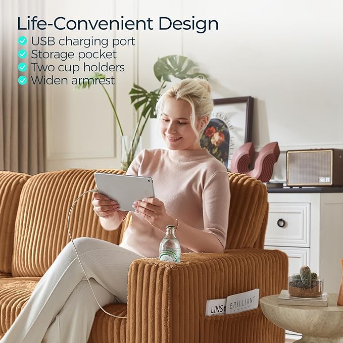 LINSY HOME Pull Out Sofa Bed Sectional Sleeper Sofa with Storage, Plush Corduroy Pullout Modular Sectional Couches for Living Room, L Shaped Convertible Couch Bed for Apartment (Brown)