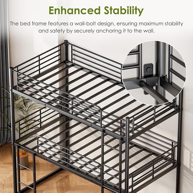 Triple Bunk Beds, 3 Bunk Bed Twin Over Twin Over Twin with 2 Ladders, Metal Frame with Guardrails,Heavy Duty Triple Bed Frame for Teenagers/Adults Bedroom, No Box Spring Needed