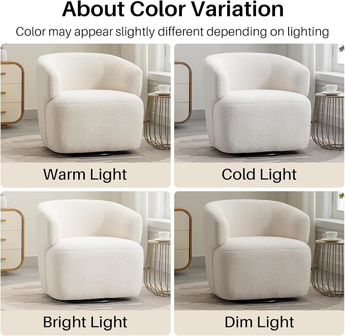 SOFTHION Swivel Accent Chair, Sherpa Teddy Barrel Chair for Living Room, Cozy Round Boucle Arm Chair, Metal Base for Club Nursery Bedroom, Beige Cream White