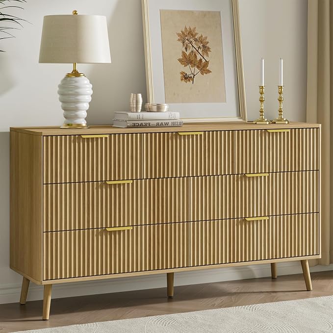 LYNSOM Fluted Dresser and Nightstand Sets 4 Piece, 2-Drawer Nightstands and 5/7 Drawers Dresser, Wood Bedroom Furniture Set for Home, Bedroom, Hallway, Oak