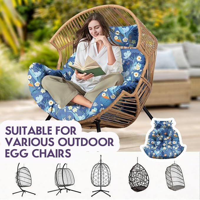 Outdoor Hanging Egg Chair Cushion Replacement, Extra Large Waterproof Egg Swing Cushions with Headrest Pillow and Ties, U-Shaped Thickened Cushion for Hanging Eggs Chair (Blue Floral)