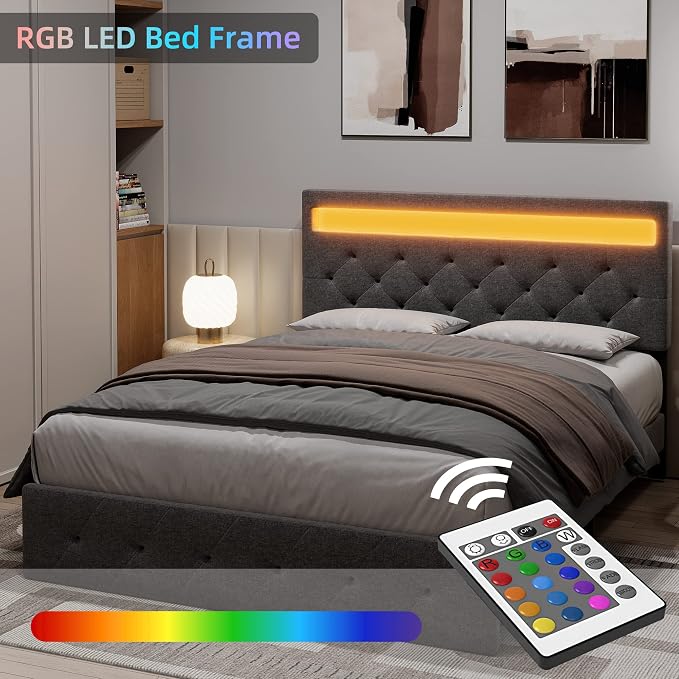 IDEALHOUSE Full Size Bed Frame, LED Bed Frame with Fast-Charging USB Port, Upholstered Platform Bed Frame with Adjustable Headboard, Strong Support Slats, Noise Free, Easy Assembly, Gray