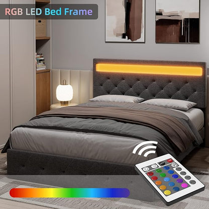 IDEALHOUSE Full Size Bed Frame, LED Bed Frame with Fast-Charging USB Port, Upholstered Platform Bed Frame with Adjustable Headboard, Strong Support Slats, Noise Free, Easy Assembly, Gray