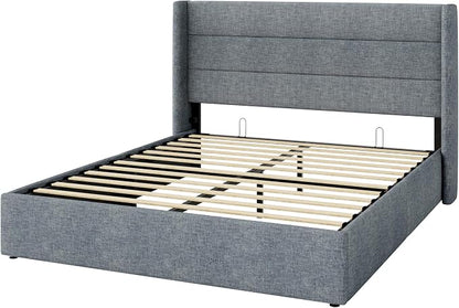 SHA CERLIN Full Size Lift Up Storage Bed/Modern Wingback Headboard/Upholstered Platform Bed Frame/Hydraulic Storage/No Box Spring Needed/Wood Slats Support/Grey Blue